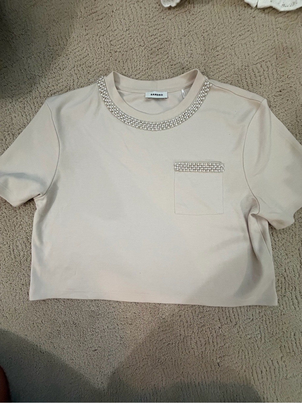 Sandro Cream Jeweled Crewneck Crop Top
